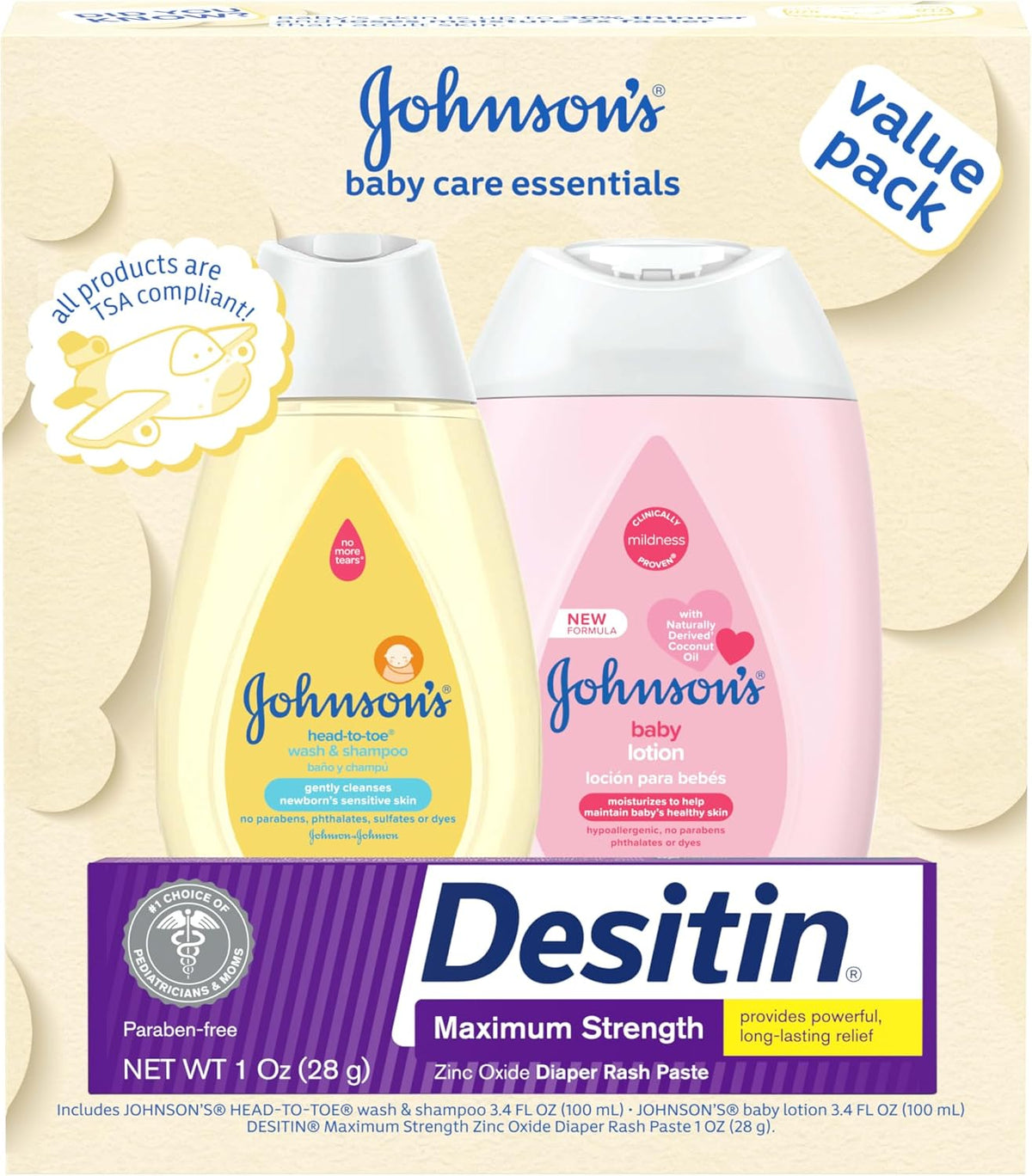 Johnson's Baby Care Essentials Gift Set – 3-Piece Lotion & Diaper Care Travel Pack