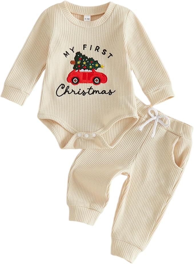 My First Christmas Baby Outfit – Cozy Ribbed 2-Piece Holiday Set