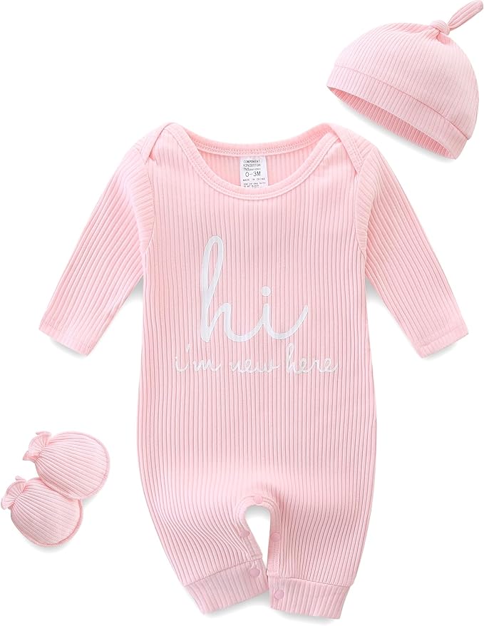 Newborn Baby Romper Set with Matching Mittens and Hat