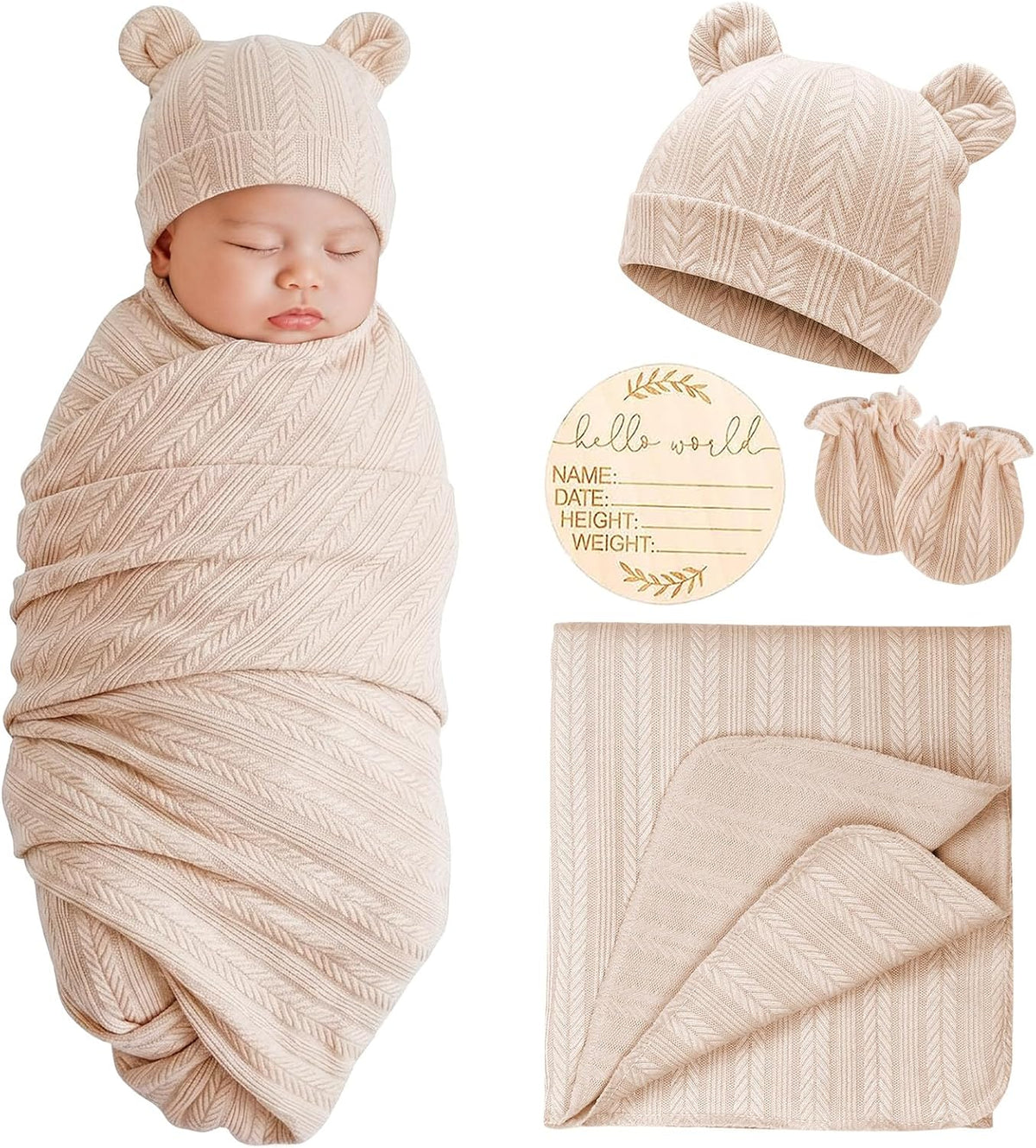 Newborn Bear Ear Hat, Mittens & Receiving Blanket Gift Set