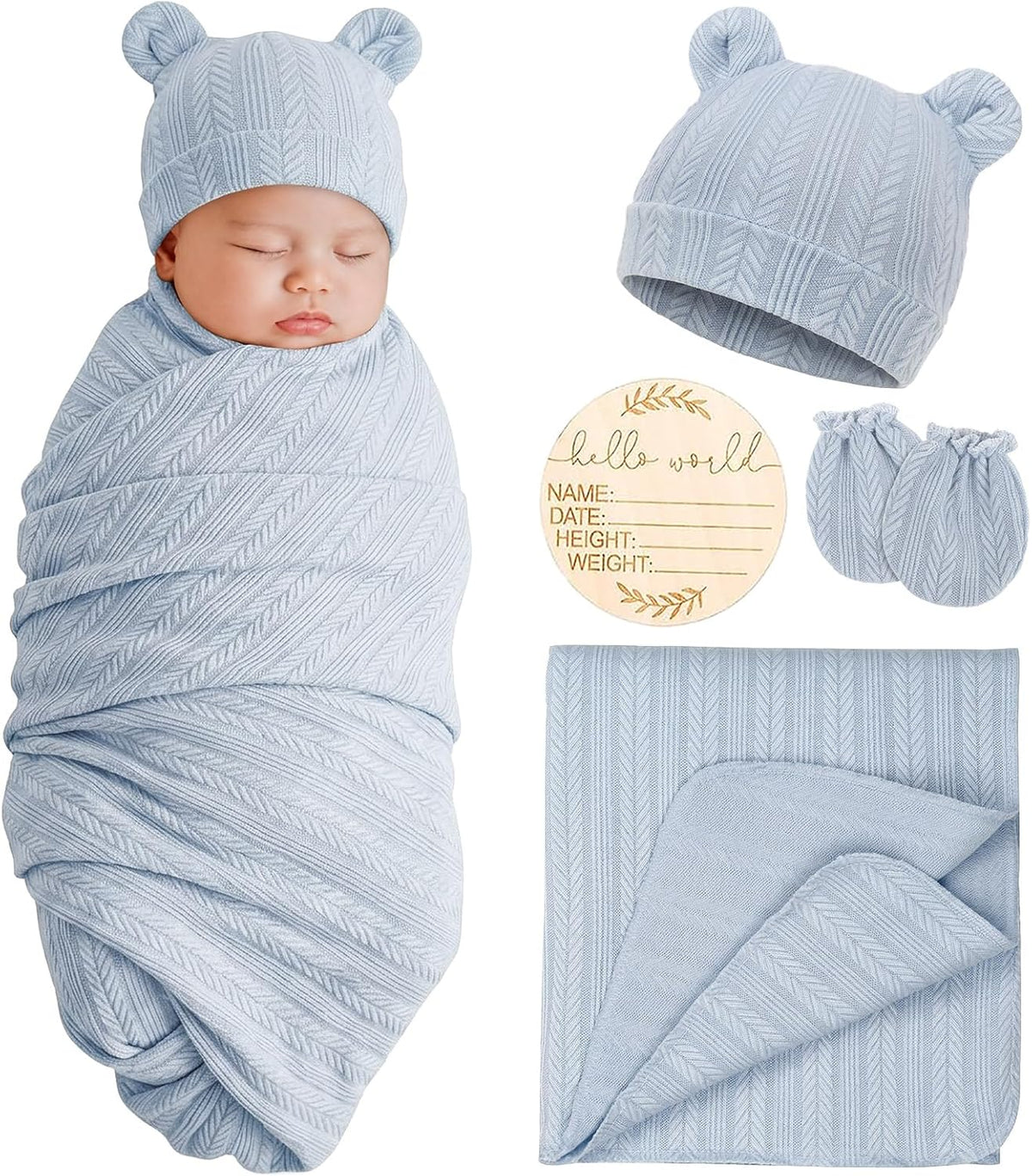 Newborn Bear Ear Hat, Mittens & Receiving Blanket Gift Set