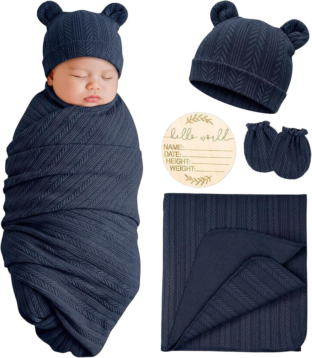 Newborn Bear Ear Hat, Mittens & Receiving Blanket Gift Set
