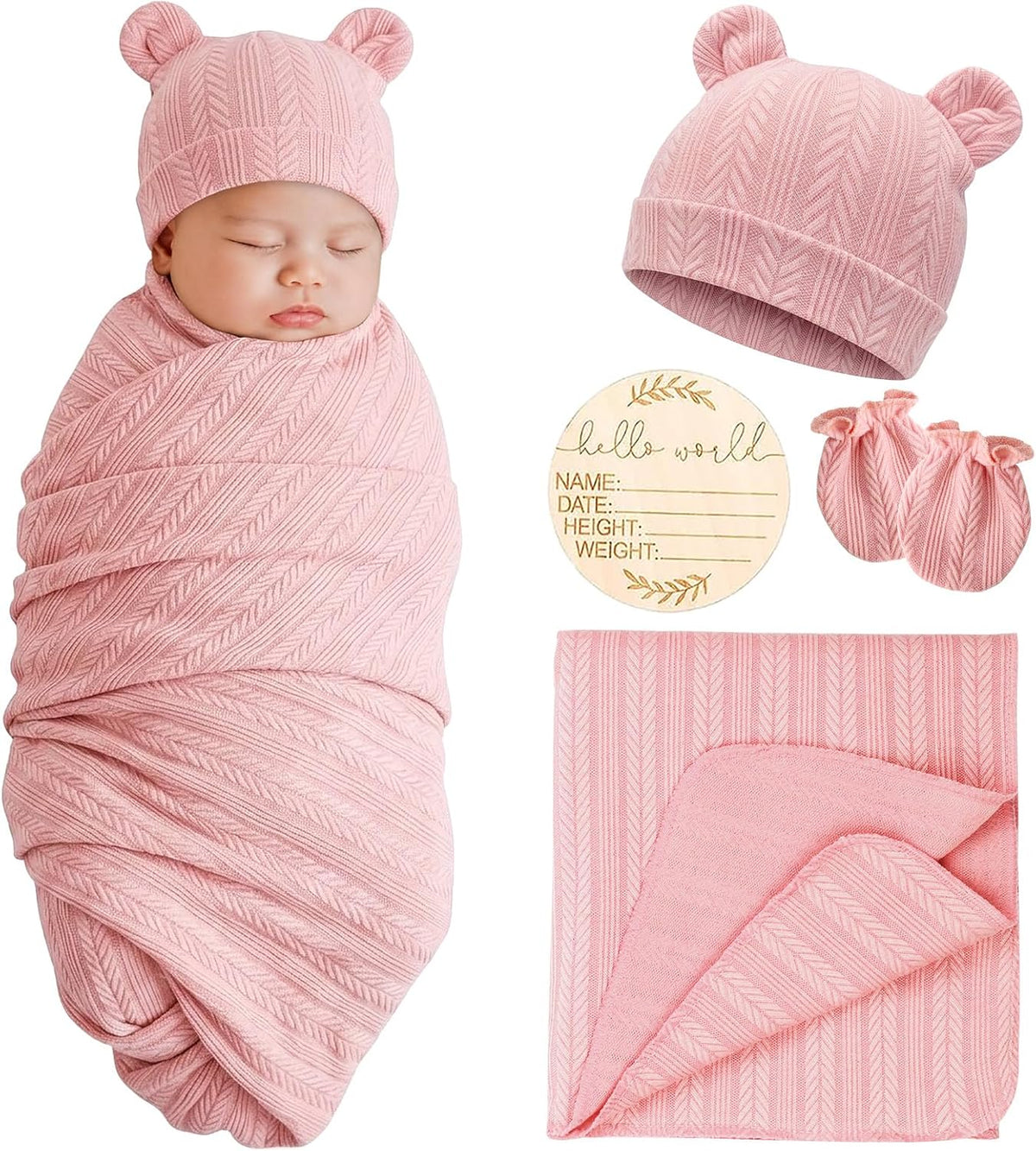 Newborn Bear Ear Hat, Mittens & Receiving Blanket Gift Set