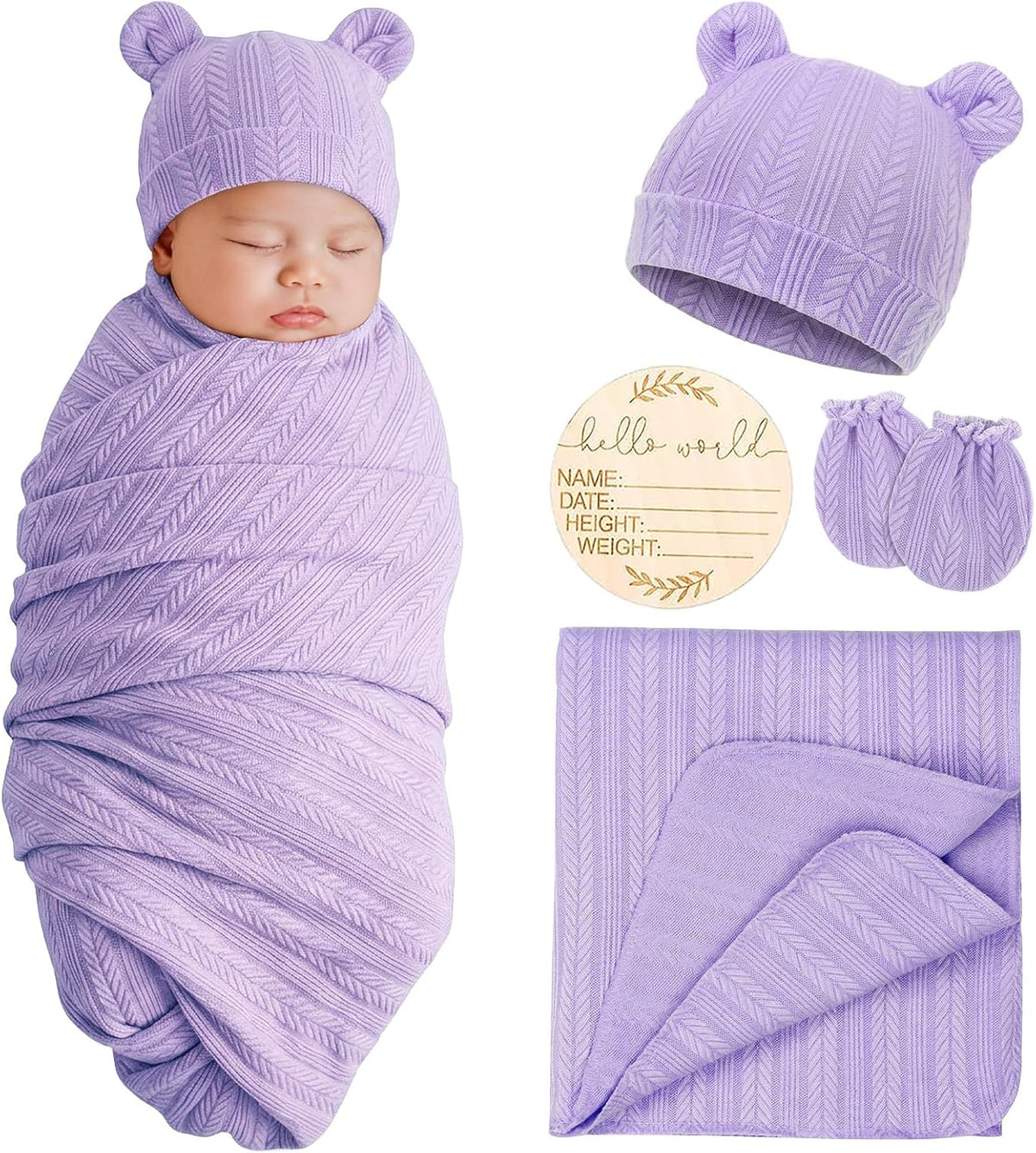 Newborn Bear Ear Hat, Mittens & Receiving Blanket Gift Set