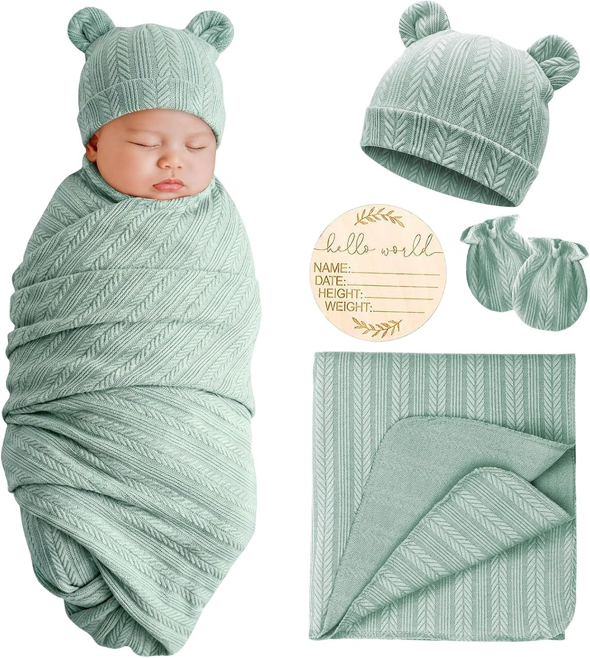 Newborn Bear Ear Hat, Mittens & Receiving Blanket Gift Set