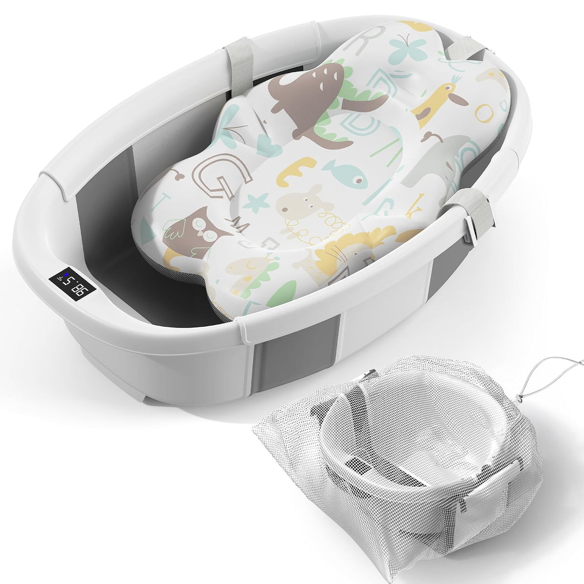 Foldable Baby Bathtub with Thermometer & Soft Cushion